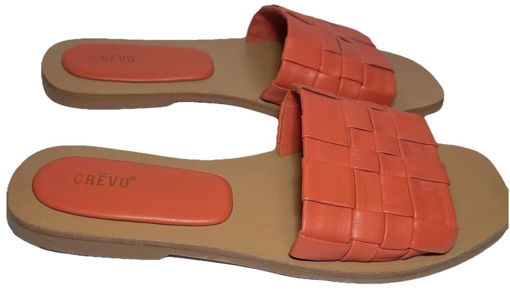 Crevo Danielle Leather Woven Slide Sandals Coral Basketweave Women 6.5